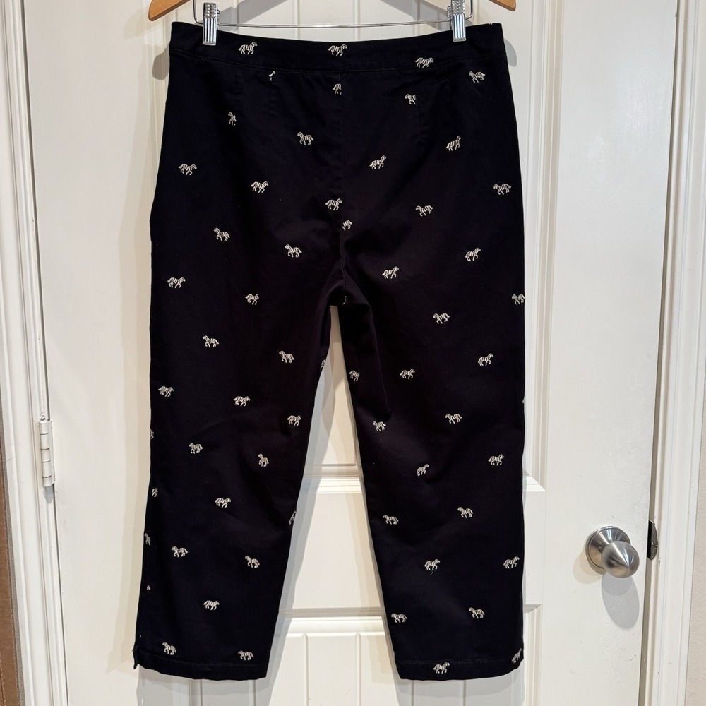 Coldwater Creek Black Ankle Pants Zebra Embroidered Stretch Cotton Women's 10